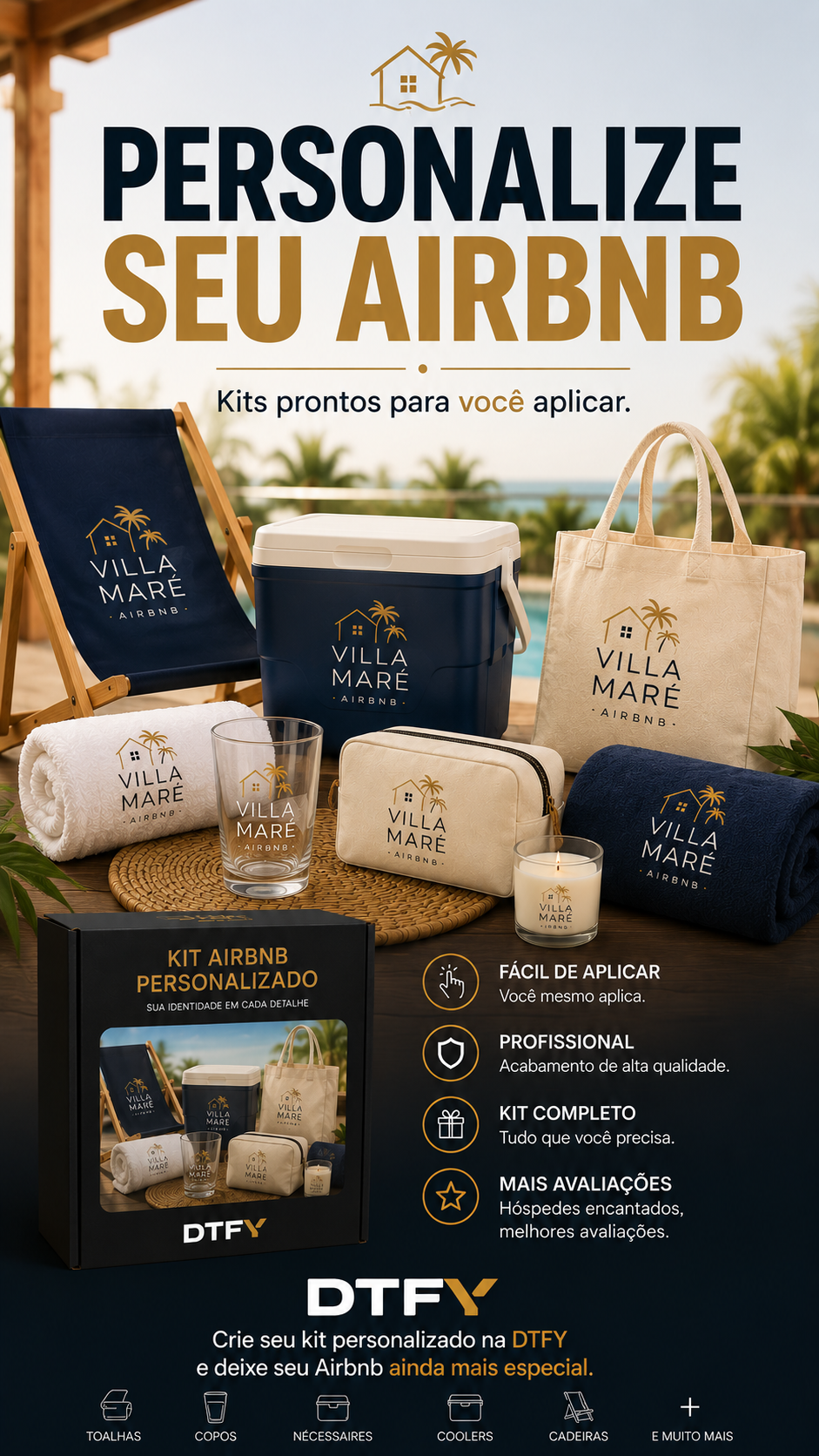 Kit Essencial DTF textil e UV: para 4 cadeiras 2 toalhas 4 cooler/copo